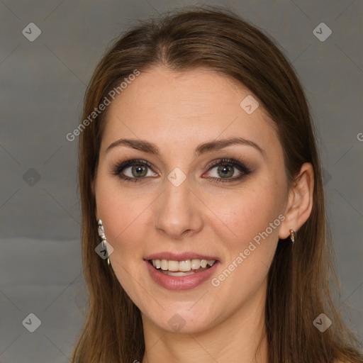 Joyful white young-adult female with long  brown hair and green eyes