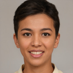 Joyful white young-adult female with short  brown hair and brown eyes