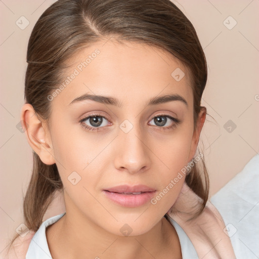 Neutral white young-adult female with medium  brown hair and brown eyes