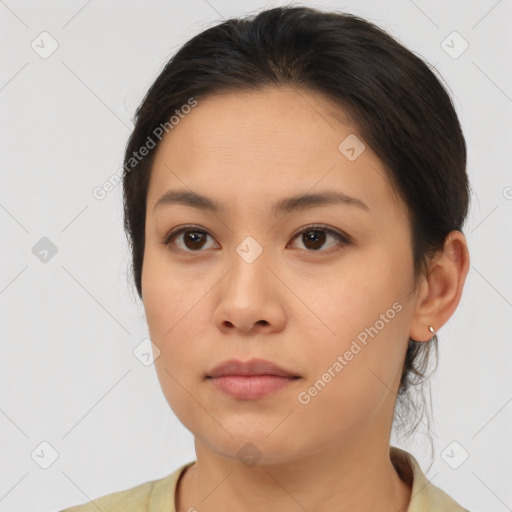 Neutral asian young-adult female with medium  brown hair and brown eyes