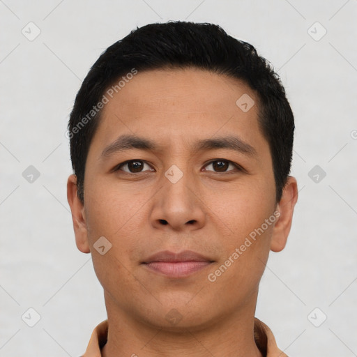 Neutral asian young-adult male with short  black hair and brown eyes