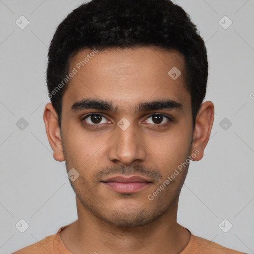 Neutral latino young-adult male with short  brown hair and brown eyes