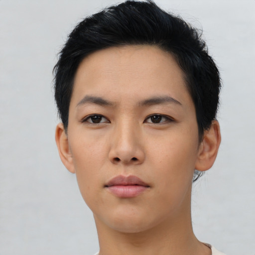 Neutral asian young-adult female with short  black hair and brown eyes