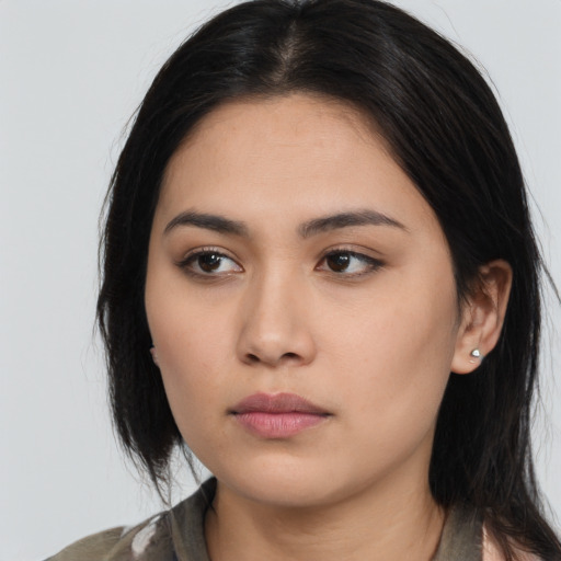 Neutral asian young-adult female with long  brown hair and brown eyes