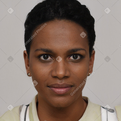 Joyful black young-adult female with short  black hair and brown eyes