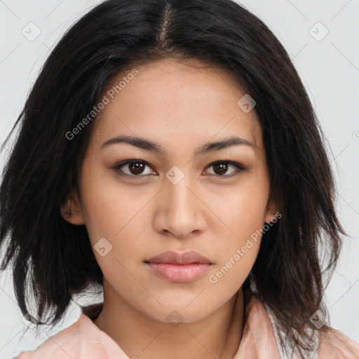 Neutral latino young-adult female with medium  brown hair and brown eyes