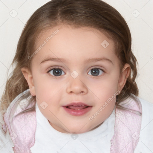 Joyful white child female with medium  brown hair and blue eyes