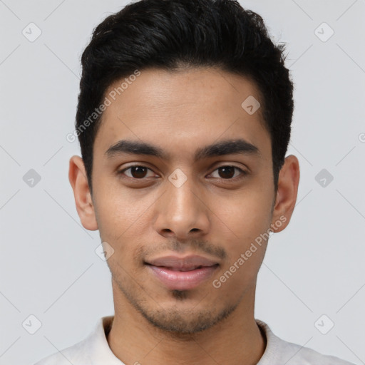 Neutral latino young-adult male with short  black hair and brown eyes