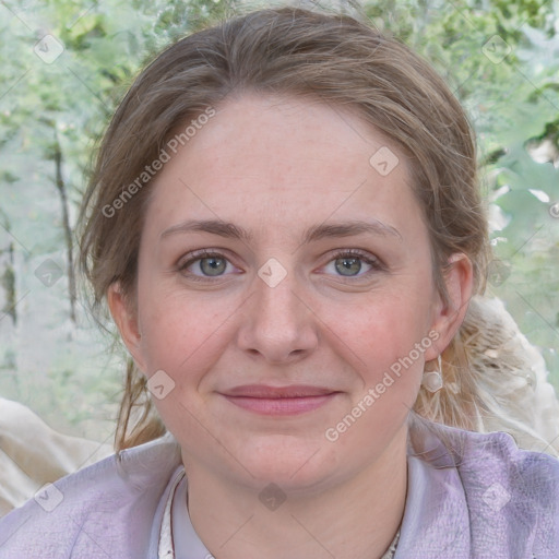 Joyful white young-adult female with medium  brown hair and blue eyes