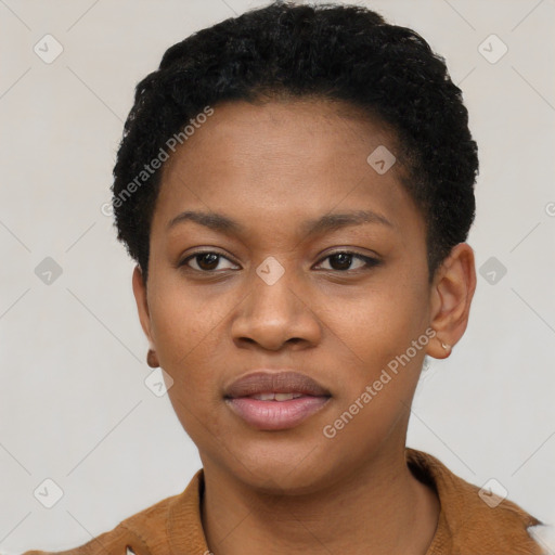 Neutral black young-adult female with short  black hair and brown eyes