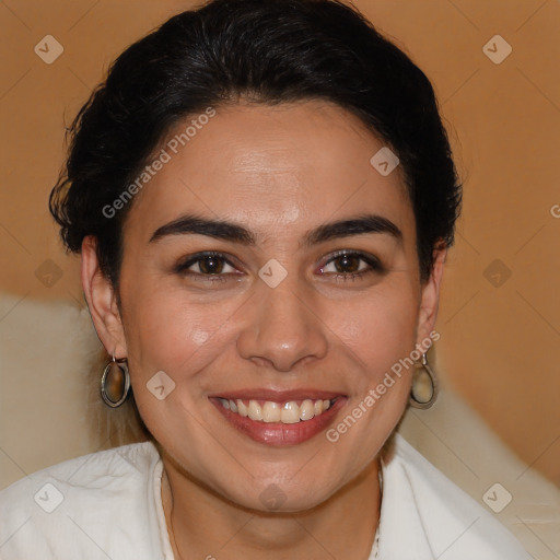 Joyful white young-adult female with medium  brown hair and brown eyes