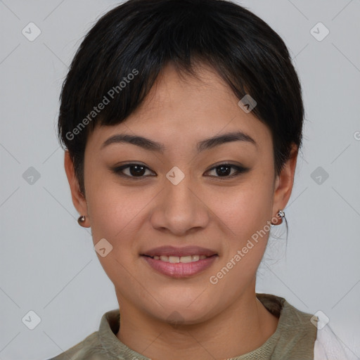 Joyful asian young-adult female with short  brown hair and brown eyes