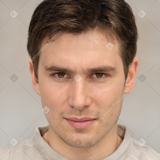 Neutral white young-adult male with short  brown hair and brown eyes