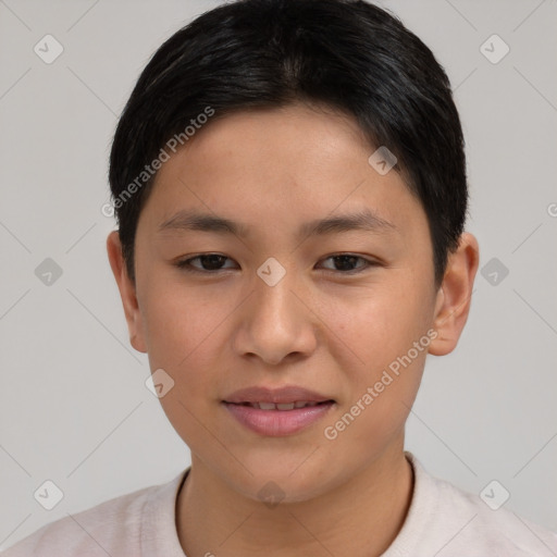 Joyful asian young-adult female with short  brown hair and brown eyes
