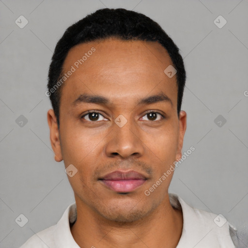 Neutral latino young-adult male with short  black hair and brown eyes