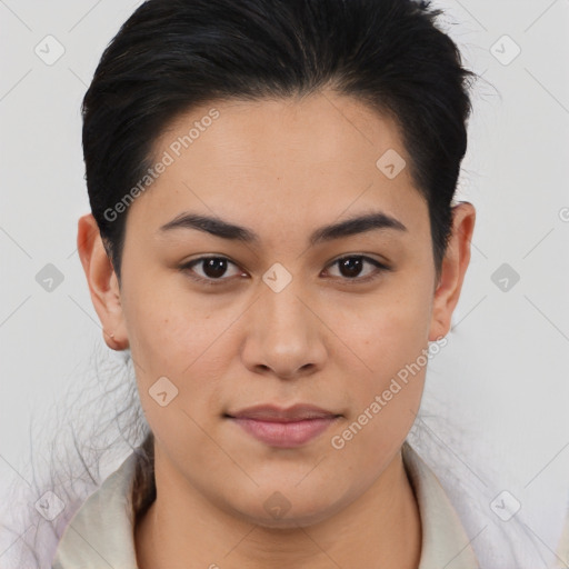 Joyful asian young-adult female with medium  brown hair and brown eyes