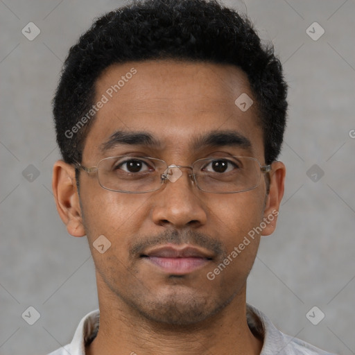 Neutral black young-adult male with short  brown hair and brown eyes