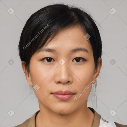 Neutral asian young-adult female with medium  black hair and brown eyes