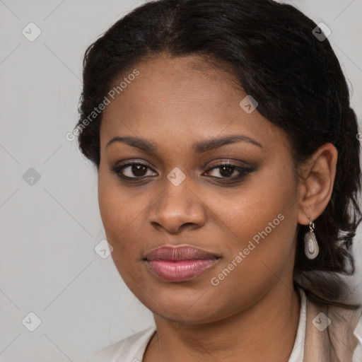 Joyful black young-adult female with long  brown hair and brown eyes