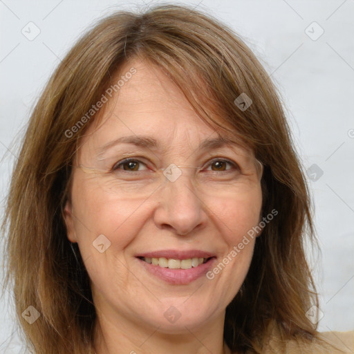 Joyful white adult female with medium  brown hair and brown eyes