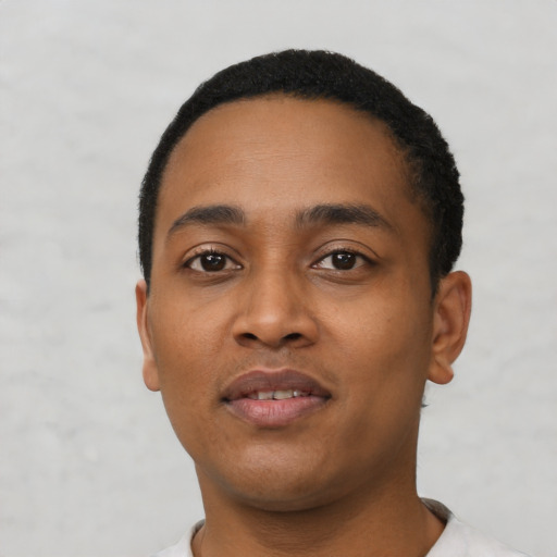 Neutral black young-adult male with short  black hair and brown eyes
