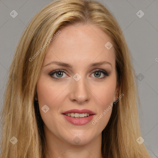 Joyful white young-adult female with long  brown hair and brown eyes