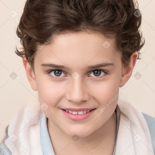 Joyful white child female with medium  brown hair and brown eyes