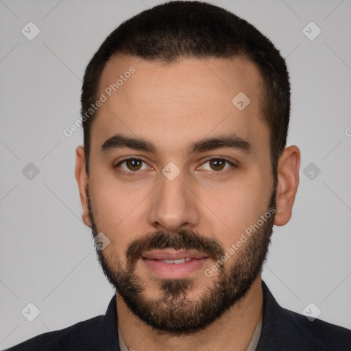 Neutral white young-adult male with short  brown hair and brown eyes