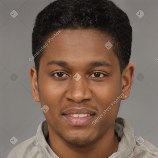 Joyful latino young-adult male with short  brown hair and brown eyes