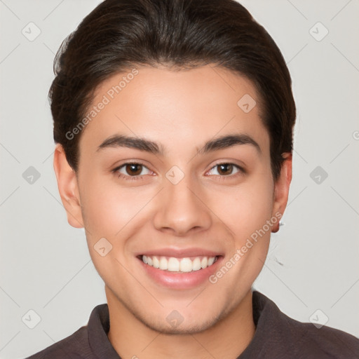 Joyful white young-adult female with short  brown hair and brown eyes