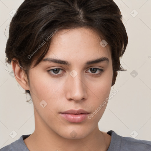 Neutral white young-adult female with medium  brown hair and brown eyes