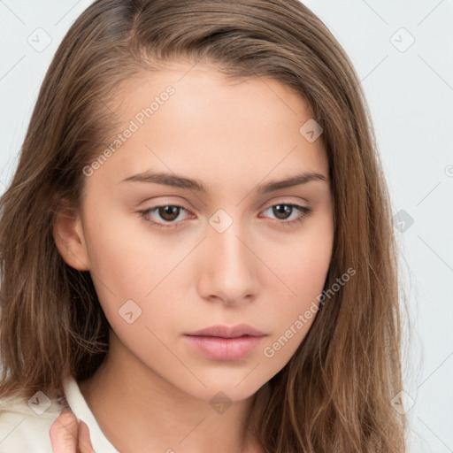 Neutral white young-adult female with long  brown hair and brown eyes