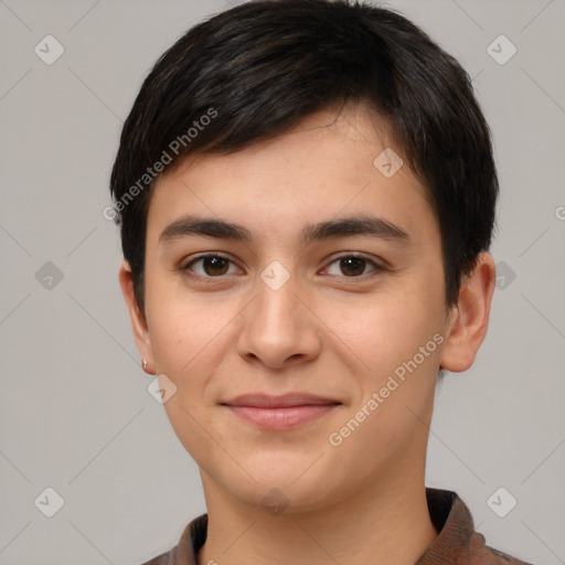 Joyful white young-adult male with short  brown hair and brown eyes