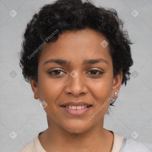 Joyful latino young-adult female with short  black hair and brown eyes