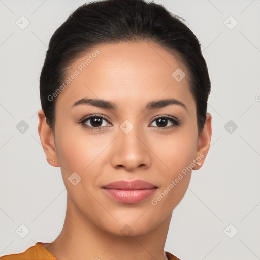 Joyful latino young-adult female with short  brown hair and brown eyes