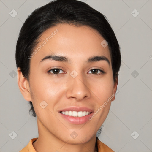 Joyful white young-adult female with medium  brown hair and brown eyes