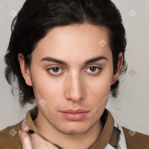 Neutral white young-adult female with medium  brown hair and brown eyes