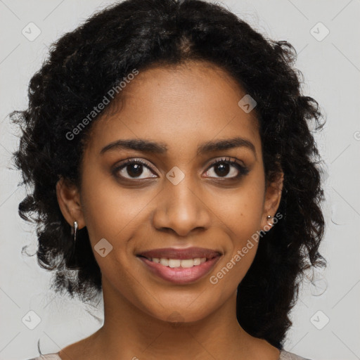 Joyful black young-adult female with medium  black hair and brown eyes