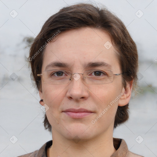 Joyful white adult female with short  brown hair and grey eyes