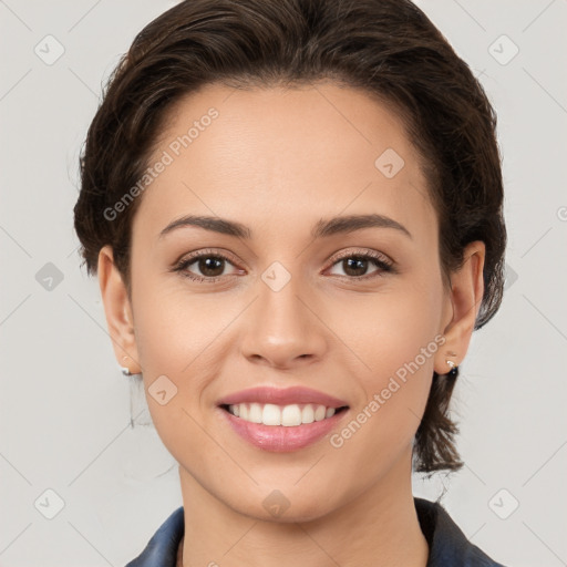 Joyful white young-adult female with medium  brown hair and brown eyes