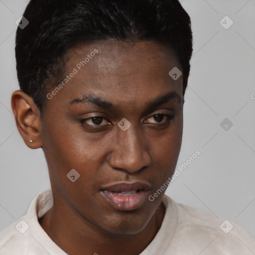 Neutral black young-adult female with short  brown hair and brown eyes