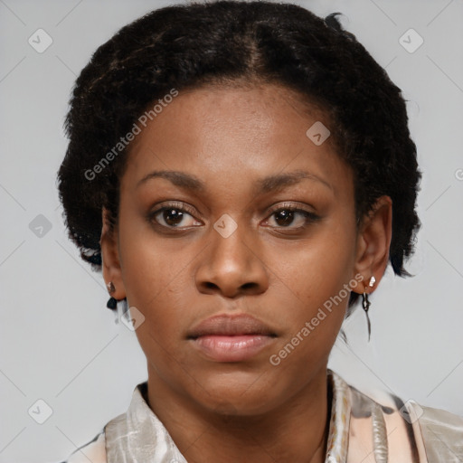 Neutral black young-adult female with short  brown hair and brown eyes