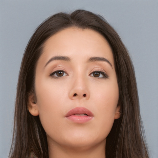 Neutral asian young-adult female with long  brown hair and brown eyes