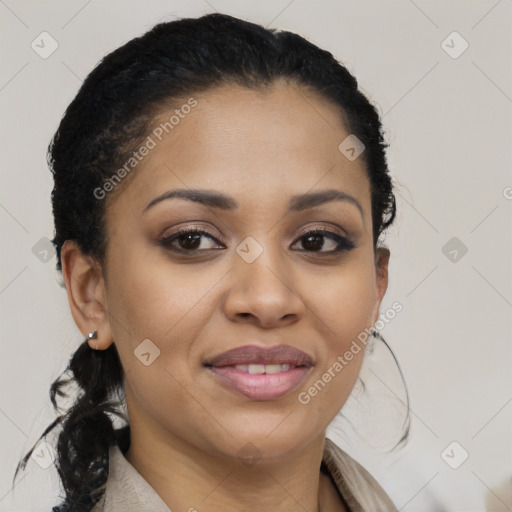 Joyful black young-adult female with medium  brown hair and brown eyes