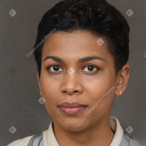 Neutral black young-adult female with short  black hair and brown eyes