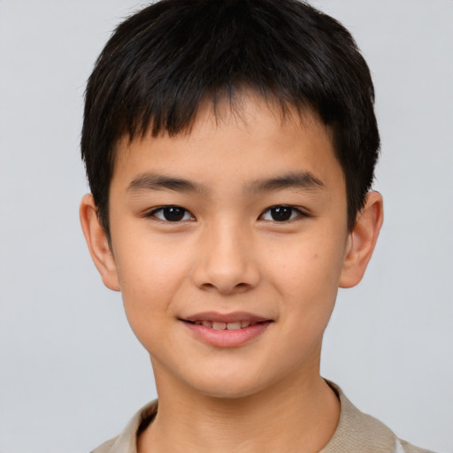 Joyful asian child male with short  brown hair and brown eyes