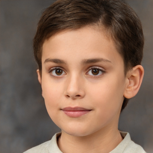 Joyful white child female with short  brown hair and brown eyes