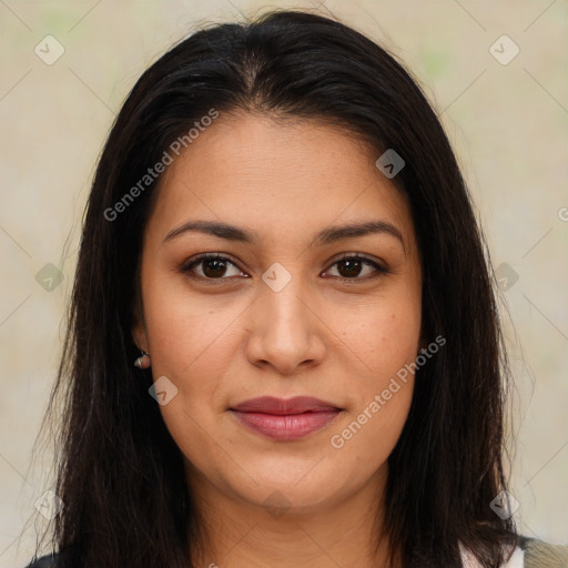 Joyful latino young-adult female with long  brown hair and brown eyes