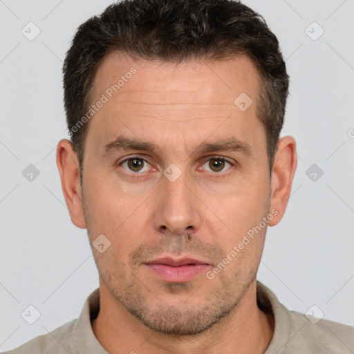 Neutral white adult male with short  brown hair and brown eyes