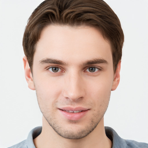 Neutral white young-adult male with short  brown hair and grey eyes